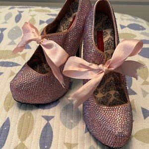 Bordello pink rhinestones high heel with satin bow ties